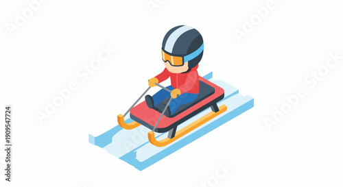 Isometric illustration of a person in a helmet and goggles riding a luge sled on an ice track, depicting a thrilling winter sport activity.