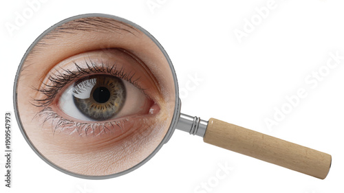 A close-up macro photograph of a brown human eye viewed through a magnifying glass with a wooden handle (2)_traced