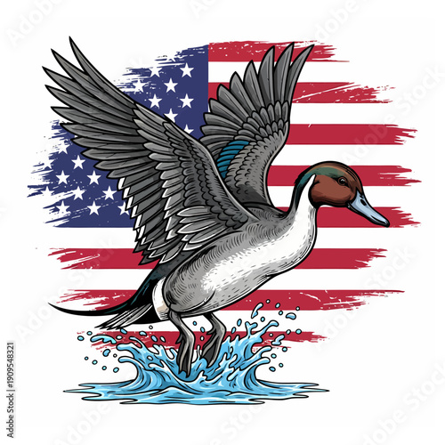 Northern Pintail duck flying over water splash with distressed American flag background illustration
