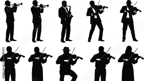 Jazz band musician silhouette set trumpet saxophone violin players live music vector – flavector