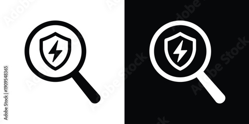 Magnifying glass with shield and lightning bolt icon. Concept for secure search, power protection, or cybersecurity audit. Modern vector symbol for data safety and antivirus verification.