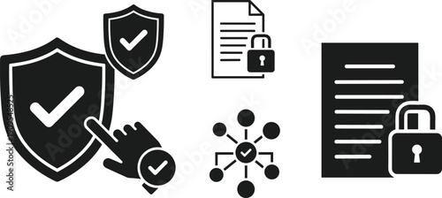 Data security vector icon set: shield with checkmark, locked document, secure network, black glyphs isolated on white