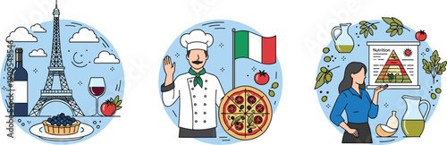 French Italian cuisine illustration, healthy food nutrition concept, chef pizza wine Eiffel Tower, Mediterranean diet education, flat design, vector, modern