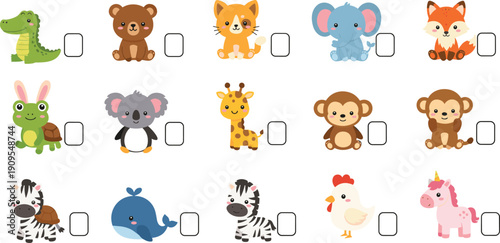 Cute baby animals checklist set with checkbox icons for kids learning and preschool worksheet