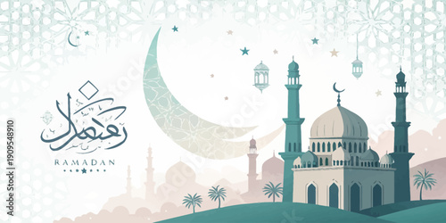 A minimalist pastel background with a mosque silhouette, ideal for Ramadan greetings and Islamic event designs, evoking a peaceful and traditional atmosphere.