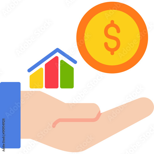 Hand holding building and currency symbol Icon