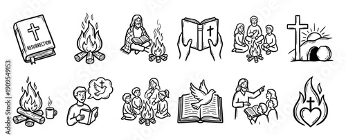 Set of hand-drawn Christian religious icons showing Jesus, the resurrection, family worship by a campfire, the Bible, and the Holy Spirit dove in a simple black and white doodle style
