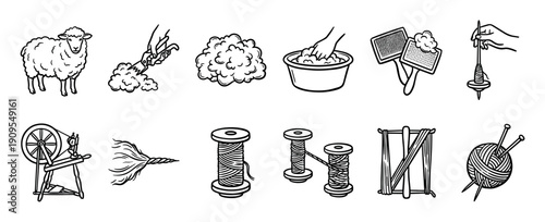Set of wool production icons showing the process from sheep shearing to yarn spinning, carding, washing, and knitting in a black and white hand-drawn line art style