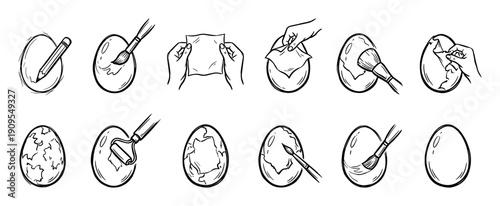 Set of hand-drawn icons illustrating the step-by-step process of decorating an egg with various art tools, showing painting, drawing, and decoupage techniques in a simple line art style