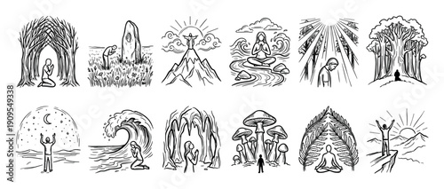 Collection of twelve hand-drawn spiritual illustrations showing people connecting with nature through prayer, meditation, and worship in various serene and mystical outdoor settings