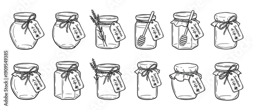 Collection of hand-drawn glass honey jars in various shapes, each with a "Sweetness of Life" tag, illustrated in a charming black and white sketch style for a rustic, homemade feel