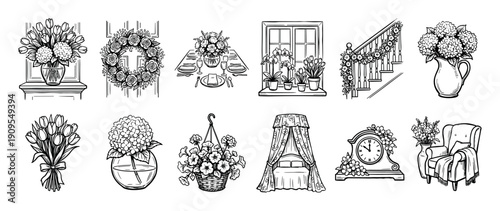 Set of hand-drawn home decor icons featuring floral arrangements, furniture, and cozy interior elements in a black and white line art style for decoration and design concepts