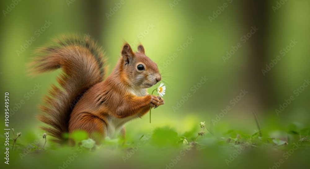 Obraz premium A fluffy, red squirrel delicately holds a small white flower in a green forest