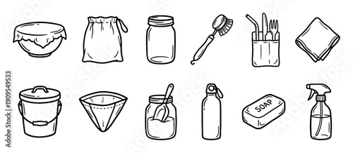 Hand-drawn black and white zero-waste items collection showing reusable household products like a glass jar, bottle, soap bar, and cutlery for a sustainable, eco-friendly lifestyle