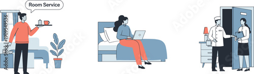 Hotel room service illustration showing guest ordering food, housekeeping staff, hospitality service, luxury accommodation, modern flat vector design