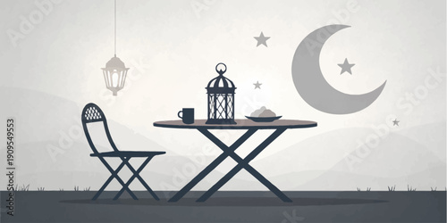 Symbolic Iftar scene with a minimalist table setting featuring a lantern and dates, representing breaking the fast during Ramadan, warm and inviting.