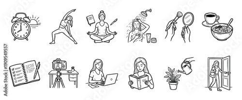 Set of hand-drawn black line art icons depicting a woman's daily morning routine, including yoga, meditation, work, self-care, and healthy lifestyle habits in a doodle style