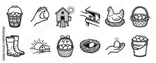 Collection of black and white farm icons featuring fresh eggs, a chicken, a coop, a barn, and baskets in a rustic, hand-drawn sketch style for organic food concepts