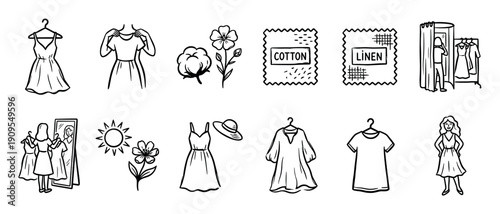 Hand-drawn collection of summer fashion icons showing dresses, cotton, linen, and a woman shopping, all illustrated in a minimalist black and white line art sketch style