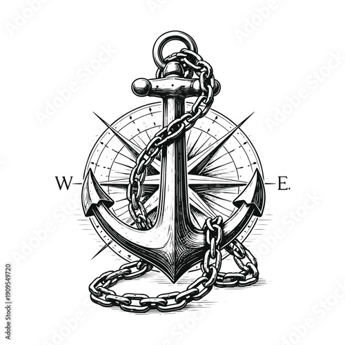 Nautical anchor and compass rose vector illustration, hand-drawn sketch style, marine symbol, navigation, adventure, travel concept isolated on White Background