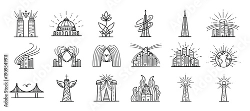 Set of eighteen minimalist black line icons depicting abstract concepts of architecture, urban life, spirituality, and nature, drawn in a clean, modern vector illustration style