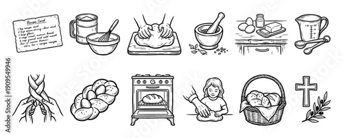 Hand-drawn icon set illustrating the process of baking bread, featuring a recipe card, kneading hands, ingredients like flour and eggs, a braided challah, and religious symbols