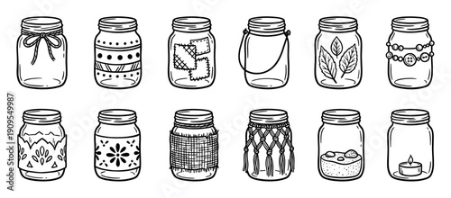 Collection of hand-drawn glass mason jars decorated with various craft elements like macrame, bows, and botanicals in a charming black and white doodle illustration set