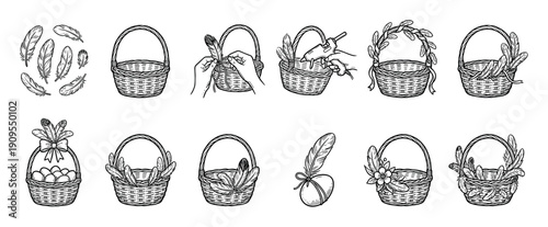 Set of hand-drawn Easter basket illustrations showing the DIY crafting process with feathers, eggs, and ribbons in a vintage black and white engraving sketch style