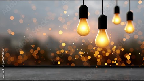Glowing light bulb hanging with warm light and bokeh background, bright abstract illumination creating cozy atmosphere, inspiring creativity and bright glowing ambiance