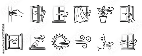 Set of black and white hand-drawn icons representing ventilation, fresh air, and wind blowing through open windows, with symbols for sun, plants, and breathing