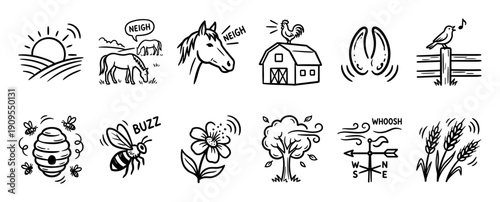 Hand-drawn farm and nature icon set with various countryside elements like animals, plants, and weather in a simple black and white doodle style with onomatopoeia