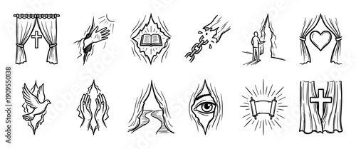 Collection of hand-drawn Christian religious icons in a black and white sketch style, illustrating concepts of faith, revelation, and salvation with symbols like a cross, bible, and dove
