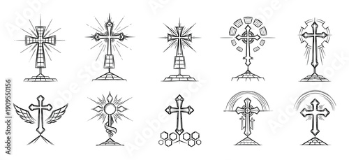Set of ten Christian cross designs in a hand-drawn sketch style for religious and spiritual concepts, featuring various artistic and symbolic interpretations of the crucifix