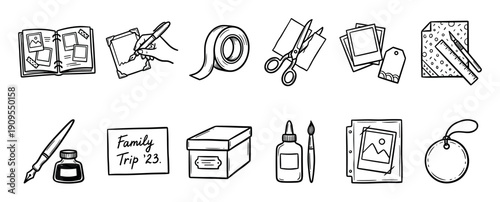 Set of hand-drawn scrapbooking icons featuring a photo album, scissors, tape, glue, and instant photos, illustrated in a charming black and white doodle line art style