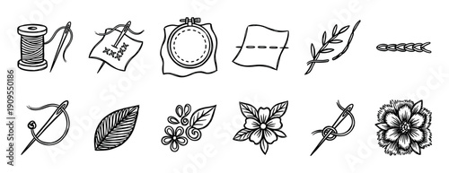 Set of hand-drawn embroidery icons showing various stitches, tools, and floral patterns in a simple black and white line art style for crafting and hobby concepts