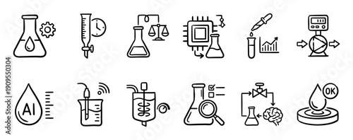 Set of black line art icons representing science, chemistry, and laboratory automation concepts like research, analysis, biotechnology, and AI in a simple hand-drawn doodle style