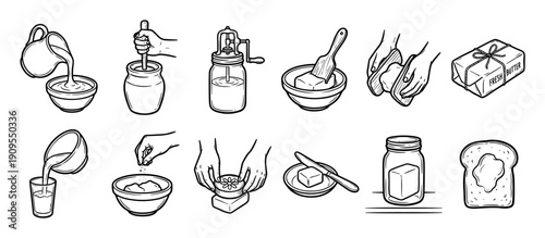 Set of hand-drawn illustrations showing the traditional process of making homemade butter from cream, including churning, washing, and shaping the final dairy product