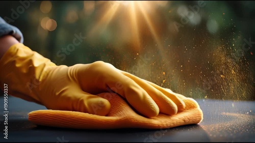 Cleaning cloth rubber glove dust particle sunlight surface microfiber cloth hand dusting light close up outdoor cleaning action bright warm atmosphere shining surface