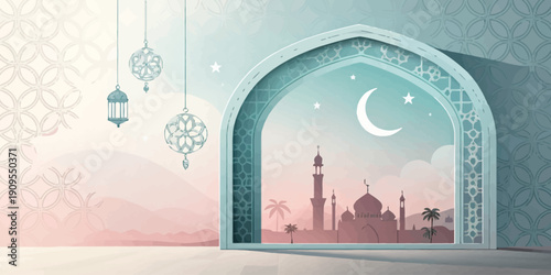 Modern minimalist Ramadan background featuring an elegant arch frame, suitable for Islamic events, greetings, and celebrations with a sophisticated design.