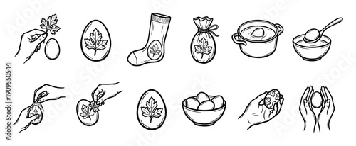 Hand-drawn icon set showing the process of decorating Easter eggs with natural leaf prints, a traditional holiday craft tutorial in a simple black and white line art doodle style