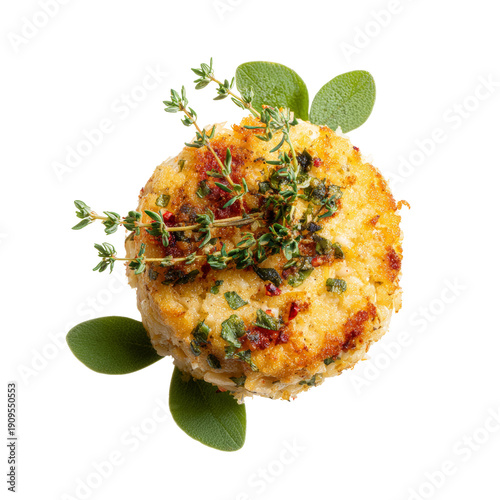 A beautifully presented crab cake garnished with fresh herbs and leaves. This delicious meal is presented on a plate.  Isolated Transparent Background, PNG