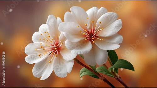 White flower blossom with delicate petals and yellow stamens branch with green leaves glowing softly vibrant nature bloom closeup floral garden botany beauty natural flora growth fresh seasonal