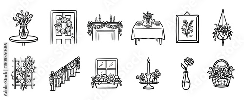 Collection of hand-drawn home decor icons featuring flowers, wreaths, furniture, and cozy interior elements in a simple black and white line art doodle style for celebrations