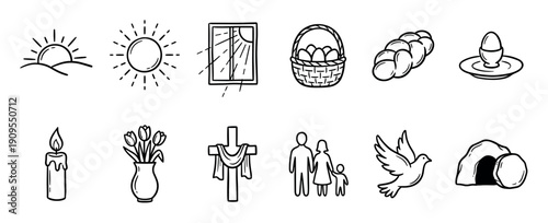 Set of hand-drawn black line art icons for the Easter holiday, featuring the cross, empty tomb, dove, and eggs in a simple doodle style for religious and spring themes
