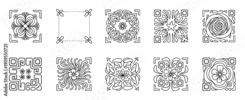 Collection of ten hand-drawn decorative square matrix patterns with floral and abstract elements, presented as a set of unique black and white line art illustrations for creative design