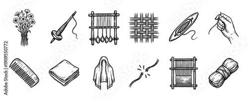 Set of hand-drawn sketch icons depicting the traditional process of linen production, from the flax plant to woven fabric, with a loom, spindle, shuttle, and yarn in a vintage style
