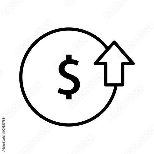 Outline icon with dollar symbol and upward arrow representing profit growth, revenue increase, or financial success.