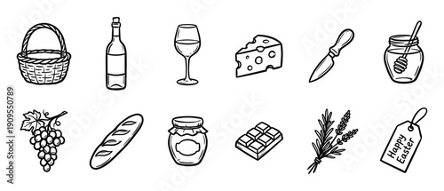 Set of hand-drawn black outline icons for an Easter picnic basket with wine, cheese, bread, grapes, and chocolate in a simple doodle style