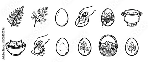 Hand-drawn line art icons showing the traditional process of dyeing Easter eggs with natural ingredients like onion skins, leaves, and herbs, from preparation to the final decorated basket