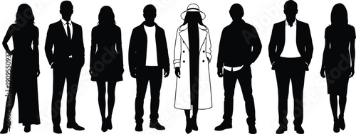 Collection of diverse people silhouettes wearing various fashion outfits including formal suits, trench coats, and hats isolated on white background.
